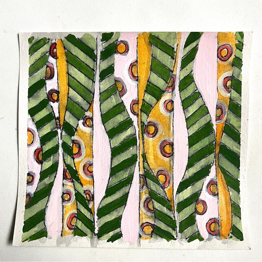 Abstract Pattern Gouache Art Painting. Greens, pinks, yellow. NEW